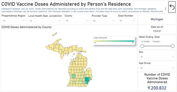 Screen shot of COVID vaccine Administered as of July 22 dashboard