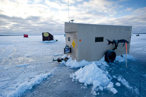 Shanties participating in sturgeon season on Black Lake