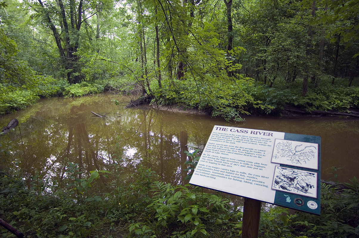 An interpretive sign is shown along the banks of the Cass River at Sanilac Petroglyphs Historic State Park in Sanilac County.