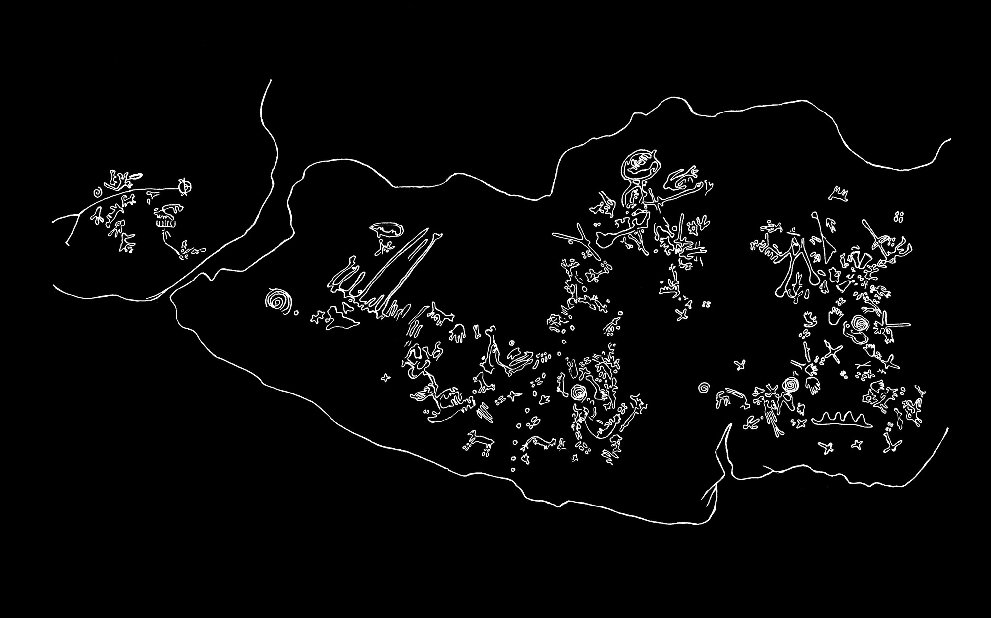 Inverse image of map of the Sanilac petroglyphs crafted by Darrel J. Richards, circa 1940.