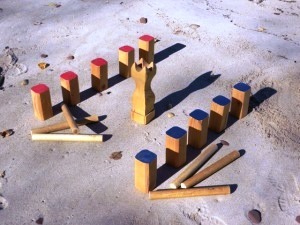 Kubb game pieces.