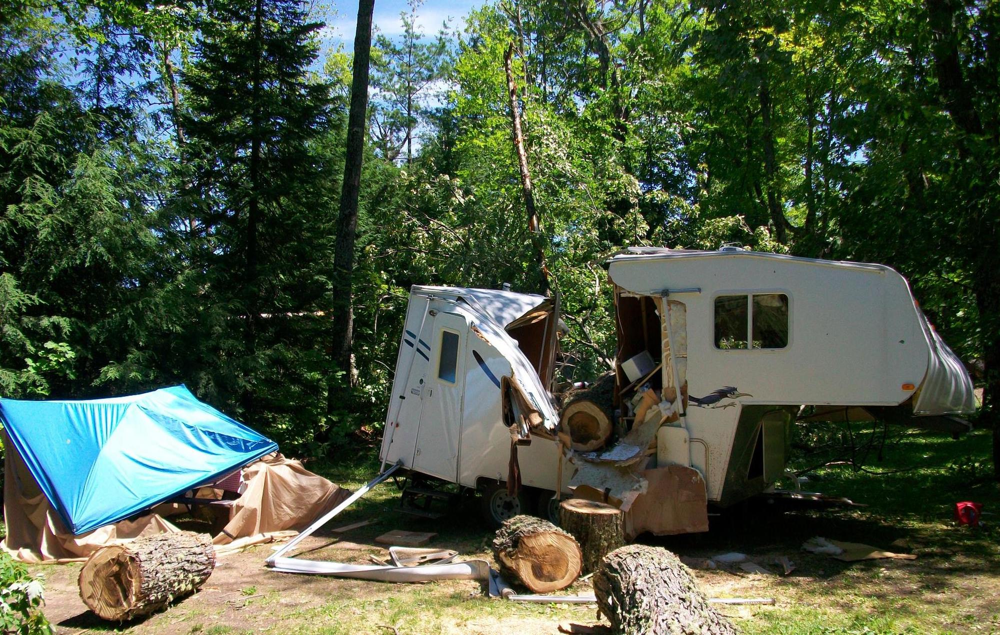 A camper damaged at the Emily Lake State Forest Campground in Houghton County.