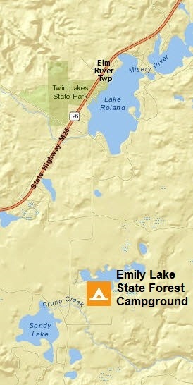 Map showing Twin Lakes, Emily Lake area of Houghton County.
