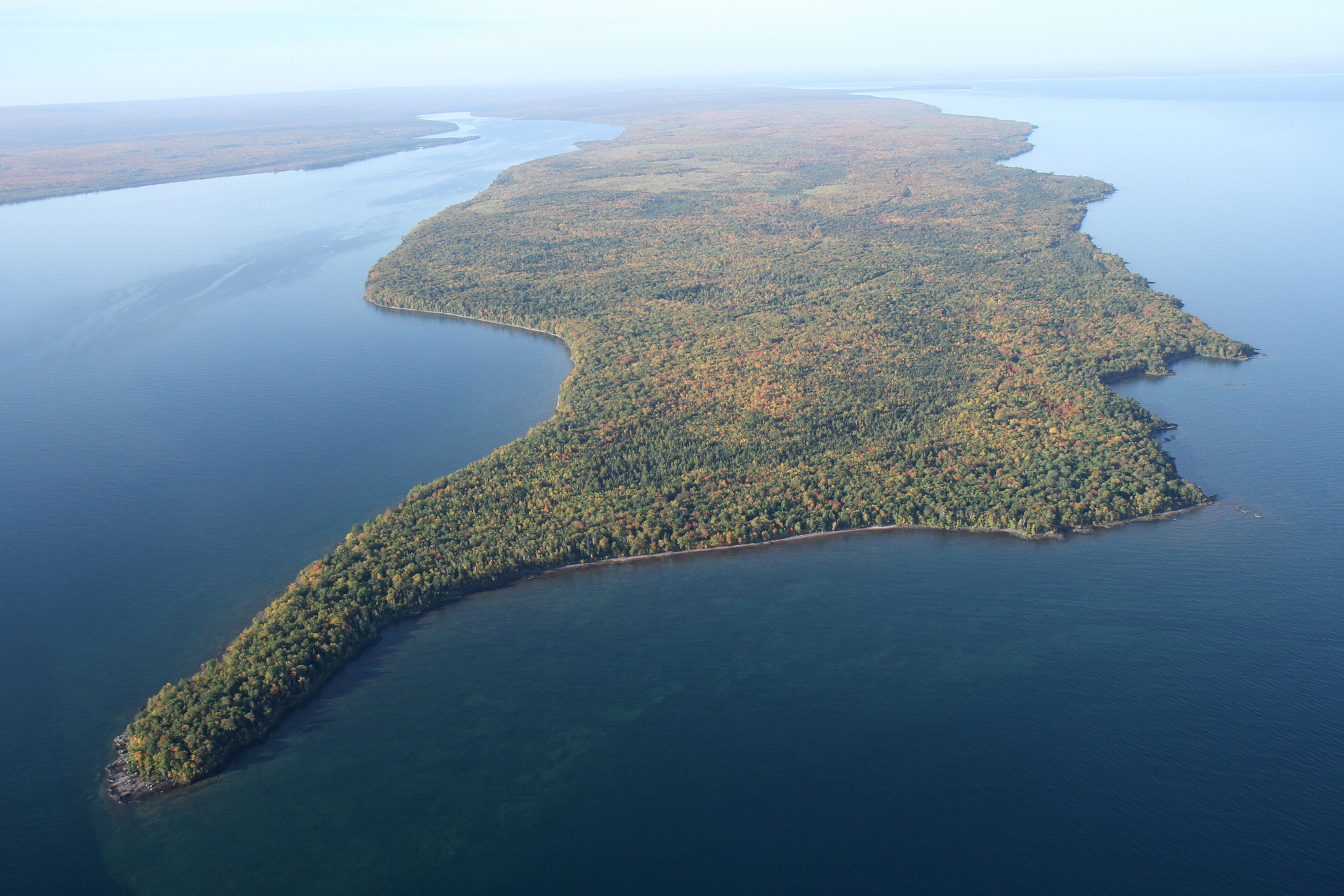 An aerial view of the Abbaye Peninsula in Baraga County.