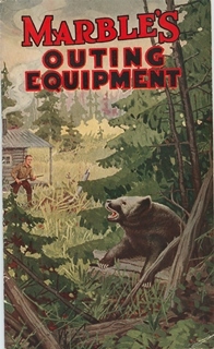 Advertisement with picture of bear, hunter with gun in background, and the words Marble's Outing Equipment