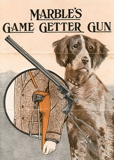 Advertisement with picture of hunting dog and rifle with the words Marble's Game Getter Gun