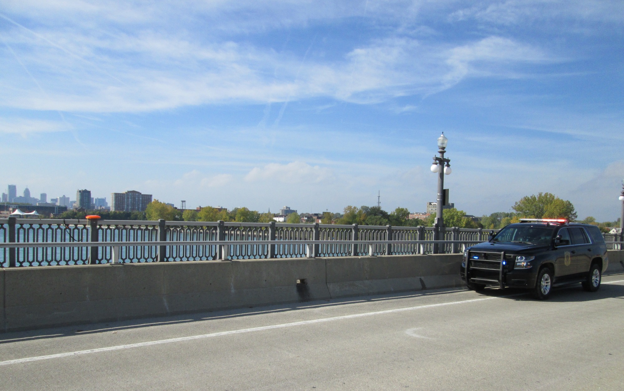 A Michigan Department of Natural Resources patrol vehicle is shown parked on the MacArthur Bridge Saturday.