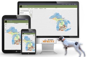 Mi-HUNT screen shots on computer, tablet, and smartphone screens with hunting dog in foreground