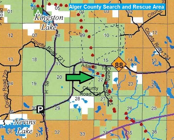A map of the search area in Alger County