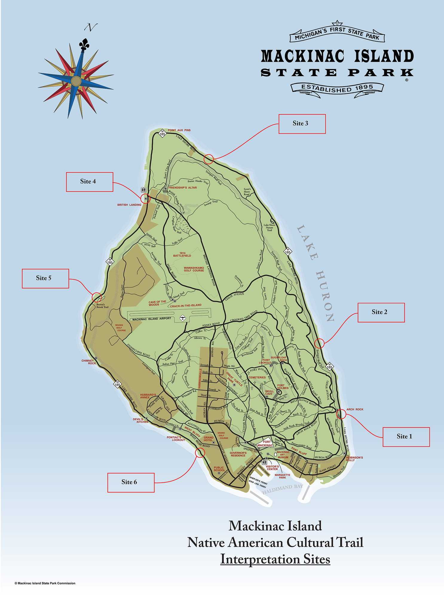 A map shows the locations of six interpretive panels on Mackinac Island, which detail various elements of Native American history.