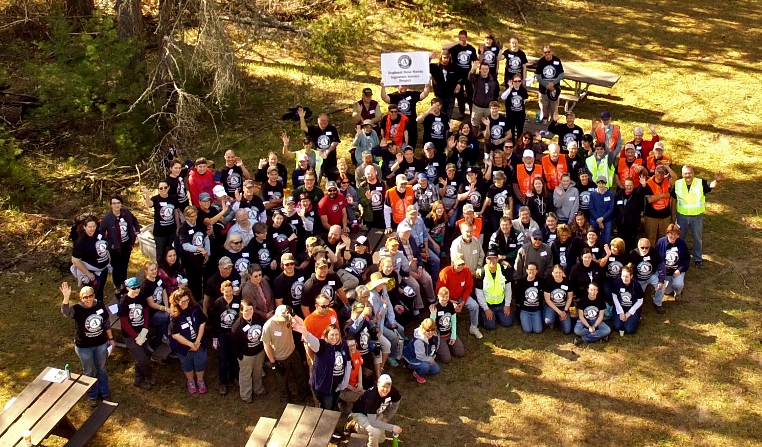 On May 20, 2016, a group of 150 AmeriCorps members and volunteers worked on the Discovery Center at the Pigeon River Country State Forest. 