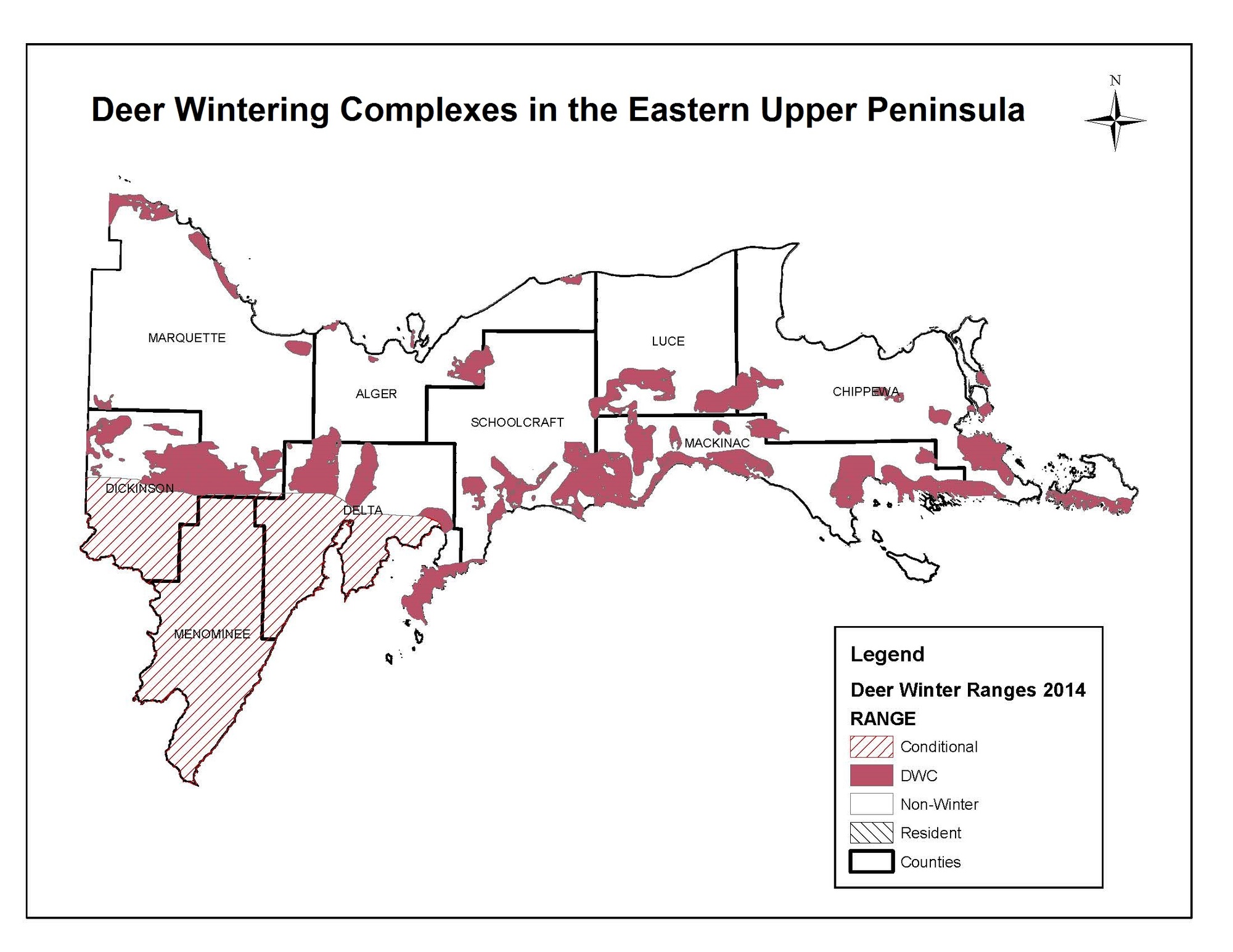 A map show deer wintering complexes in the eastern half of the Upper Peninsula.
