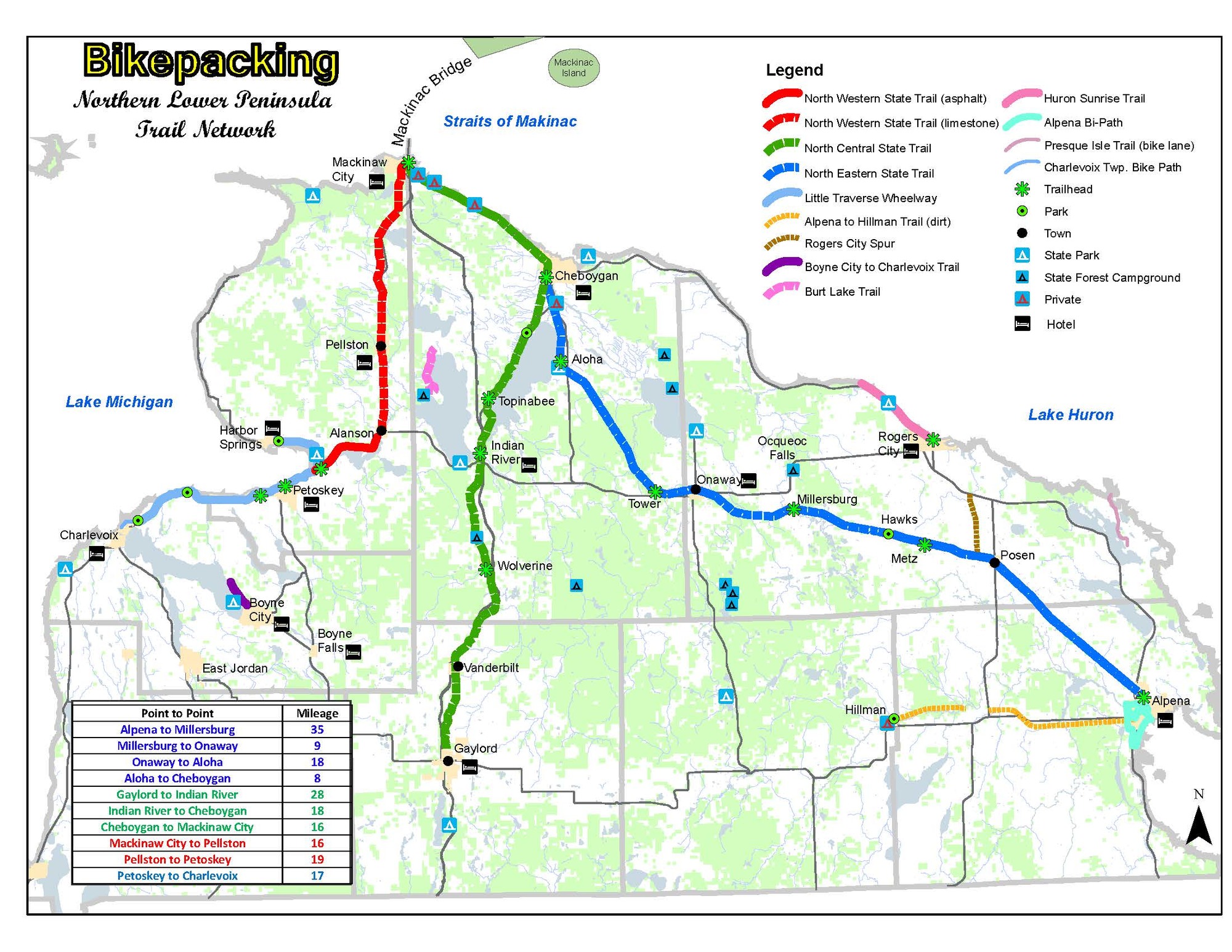 A map shows bikepacking opportunities in the northern Lower Peninsula.