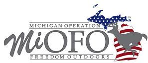 Michigan Operation Freedom Outdoors logo, with outline of Michigan in stars and stripes and image of a running deer