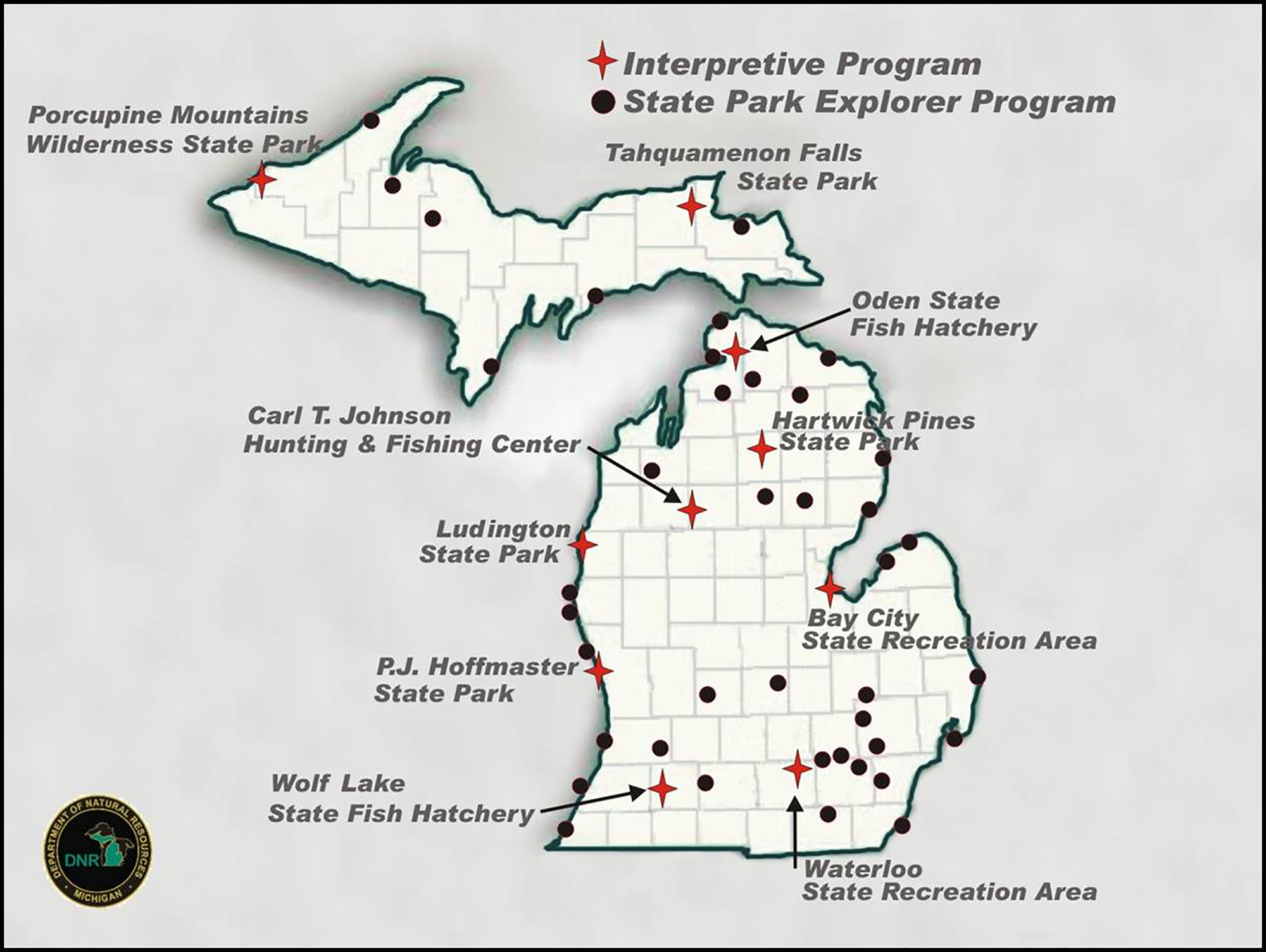 A map graphic shows the locations of state park explorer programs and interpretive programs in Michigan.