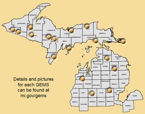 map showing GEMS locations across northern Lower and Upper peninsulas