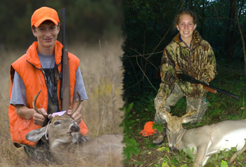 Two youth hunters with deer