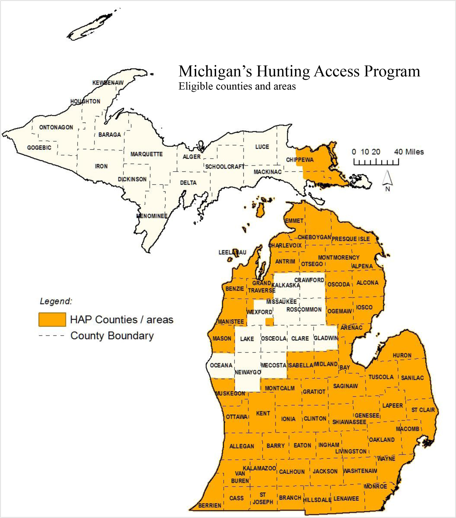 A map shows the eligible counties and areas in Michigan under the Hunting Access Program.