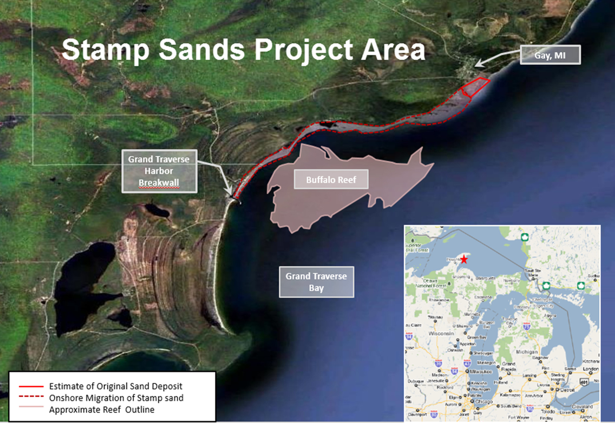 A map shows the stamp sands project area on the Keweenaw Peninsula.