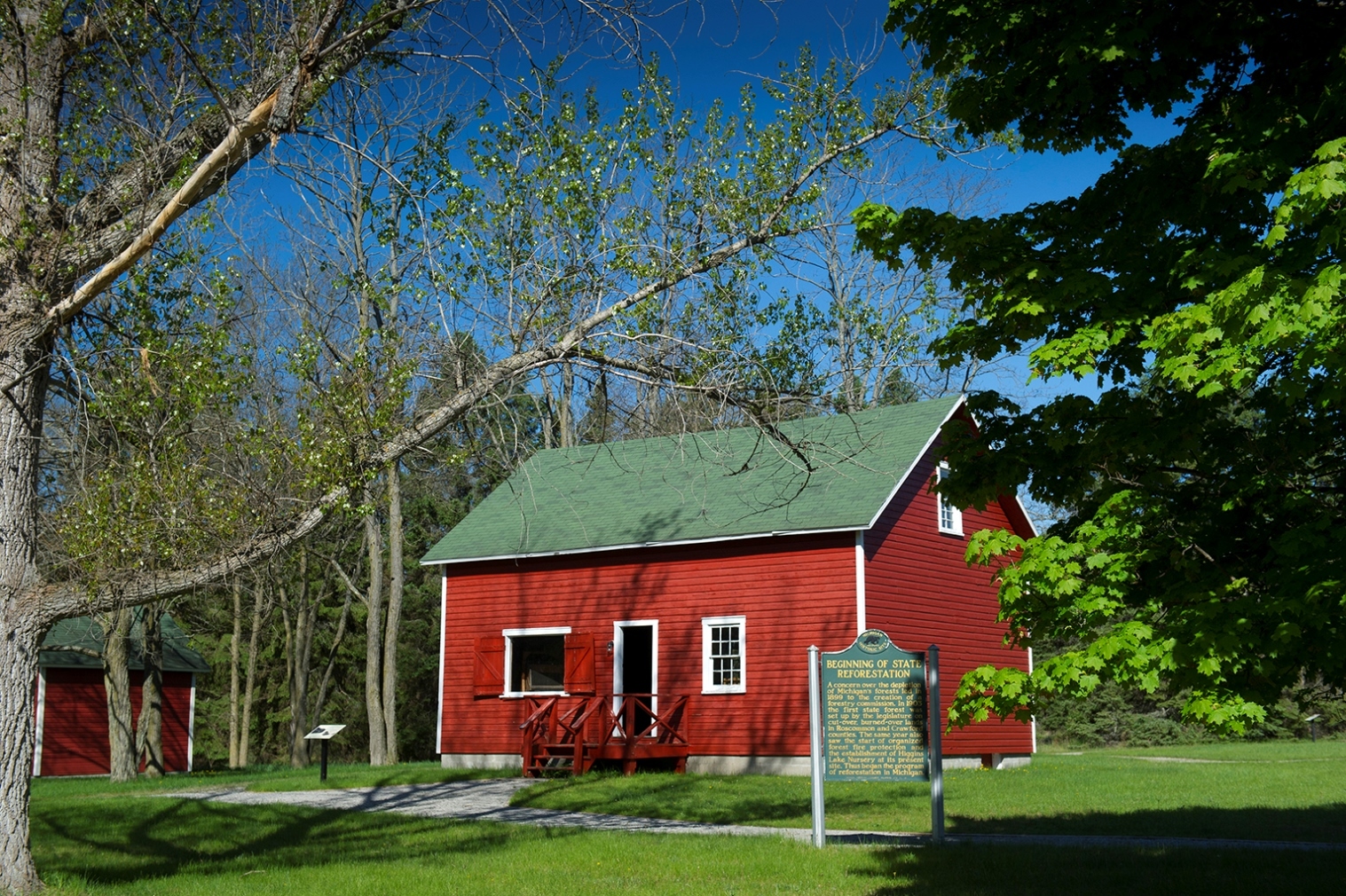 The North Higgins Lake State Park history area includes the CCC Museum and several original buildings that were used by workers at the nursery.