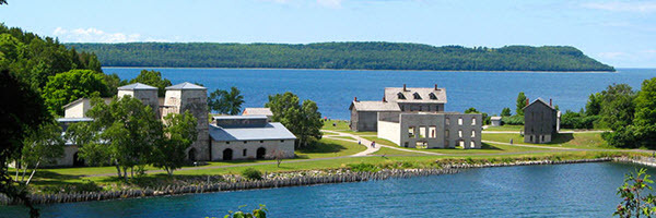 Aerial view of the historic Fayette Townsite on a sunny summer day.