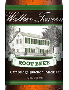 The label features a line drawing of Walker Tavern. The background of the label is black with white letters and green trim