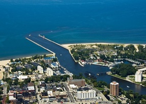An aerial view of the Twin Cities harbor area on Lake Michigan, via MDOT 
