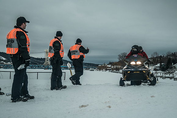 DNR conservation officers conduct sound enforcement patrols in Houghton in February 2017.