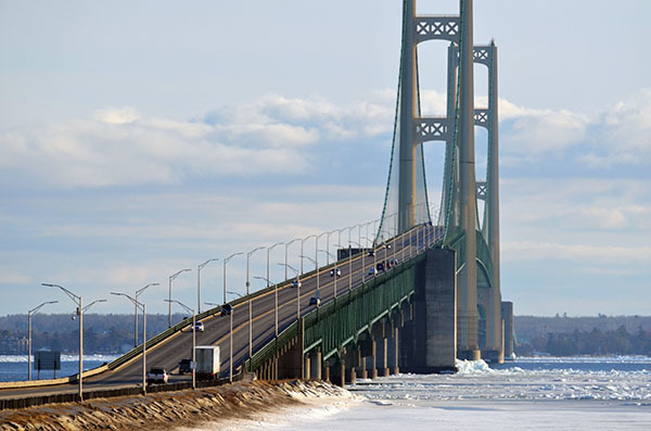 The Mackinac Bridge, connecting the Upper and Lower peninsulas, is one of Michigan's most prominent features.
