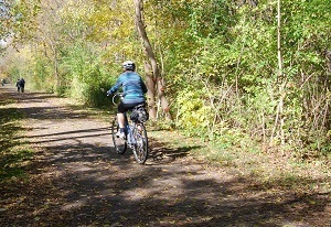 A bicyclist riding the Paint Creek Trail in Oakland County, part of Michigan's Iron Belle Trail