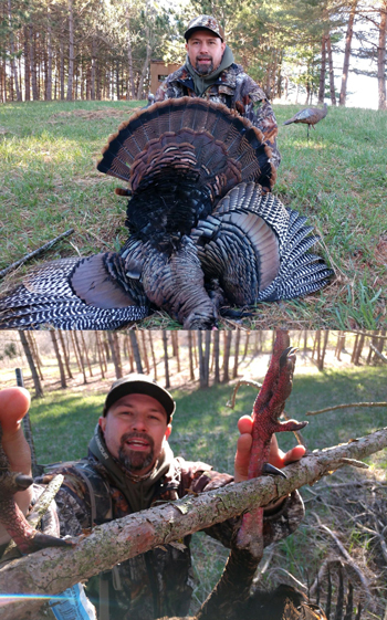 Jesse Jubb shows off his harvested turkey and the bird's spurs.