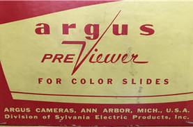View of the front of a slide viewer box made by Argus Cameras in the mid-20th century.