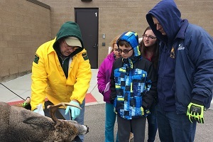 A DNR employee talks with a group of children and an adult while examining a deer at a deer check station