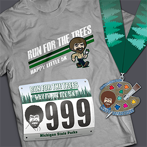 Run for the Trees T-shirt, race bib and medal, all featuring Bob Ross' likeness