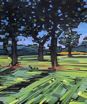 a painting of a forest scene from Island Lake Recreation Area, dominated by blues and greens and depicting shadows from the trees