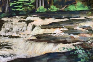 a painting of Tahquamenon Falls, depicting dark water, light foamy falls, and green brush and pine trees in the background