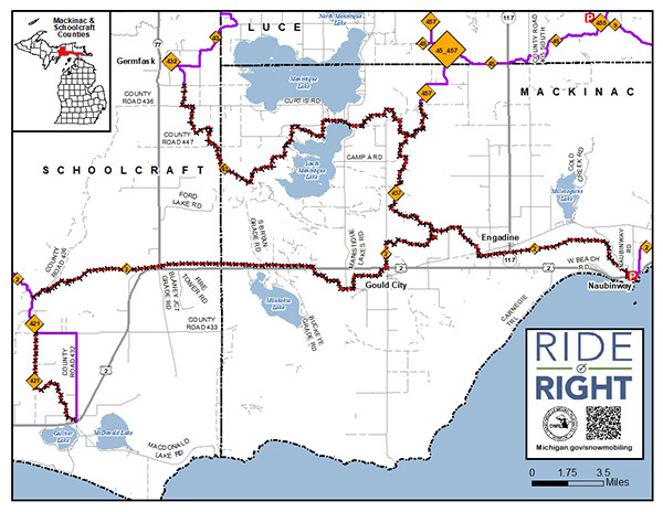 Map of snowmobile trail closures in eastern UP.