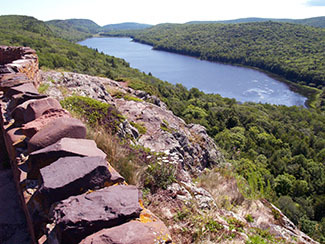 A view of Lake of the Clouds is shown from an overlook.
