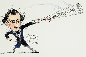artist rendering of Stevens T. Mason holding the Michigan constitution, from the Pat Reed Collection, Archives of Michigan