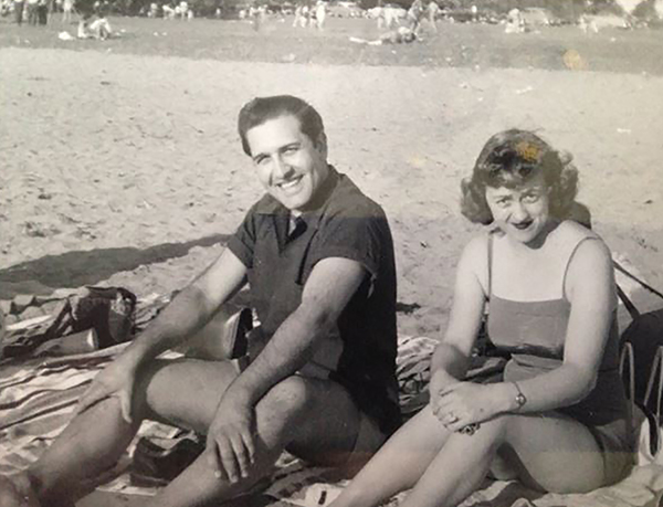 black and whit photo of couple on Grand Haven beach in 1948