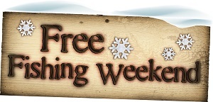 DNR Winter Free Fishing graphic, a brown sign with snow on the top and snowflakes around the words
