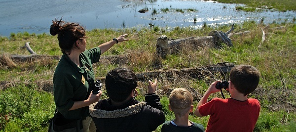 A female DNR employee shows kids using binoculars where to look on a wetland area, sun reflecting off the water
