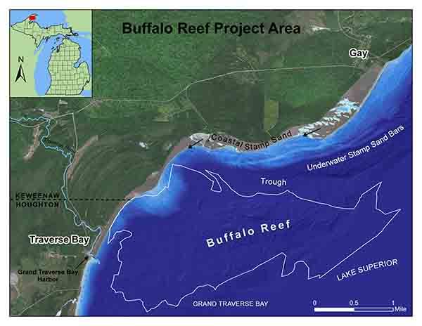 A map shows the prominent features of Grand Traverse Bay.