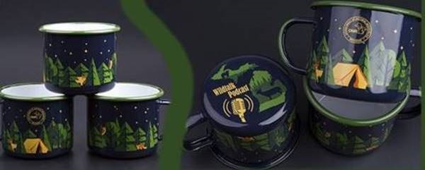 new DNR Wildtalk podcast mugs and lids, showing the forest and camping design