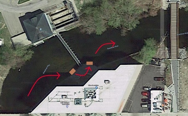 aerial view of the Boardman River Weir in Traverse City, showing portage access sites