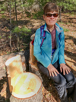 Jane Norton sits on a stump chair along the North Country National Scenic Trail.
