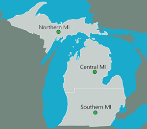 Map of Michigan broken up by camping region