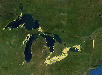 A map of the 2019 acoustic receiver array is shown. Each dot represents the location of one receiver. 