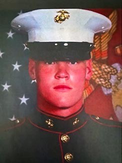 Micah Hintze is shown in his Marine uniform.