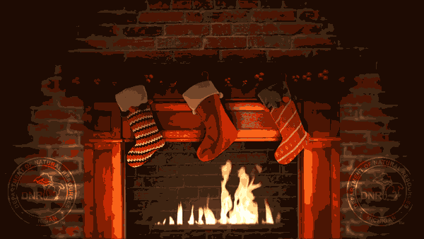 Three stockings above a burning fireplace with the DNR logo on each side. 